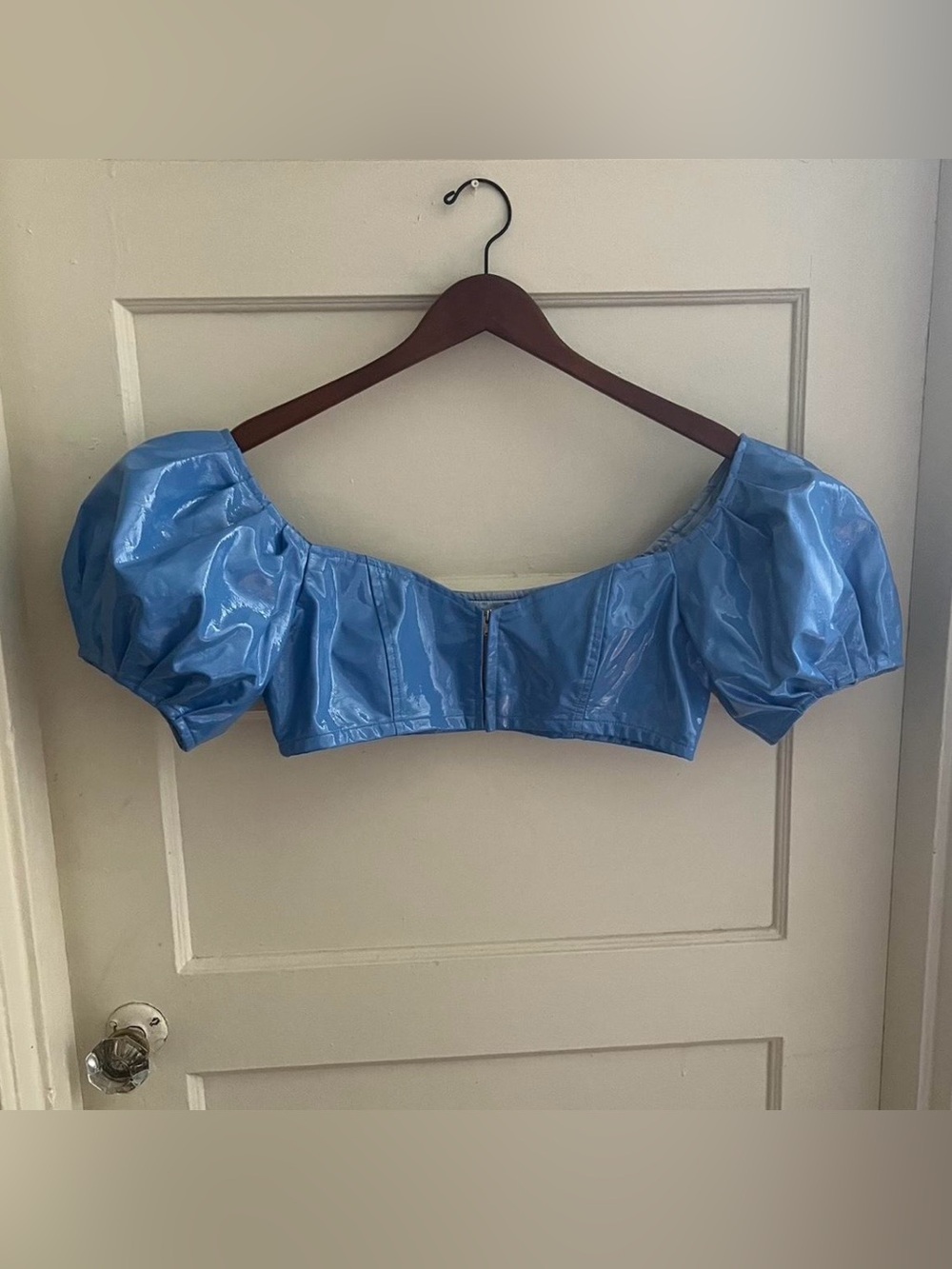 Rare Fashion Brand Company shiny blue zip-up crop top